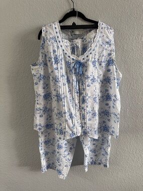 Ella Simone Floral Pajama Set Blue White Cottagecore Lace Trim Capri Pants XL